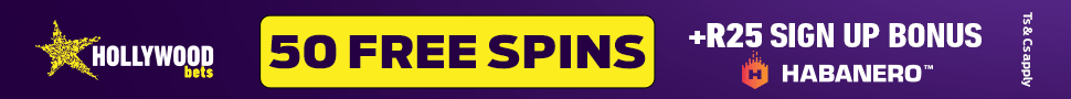 Hollywoodbets — 50 Free Spins + R25 Sign Up Bonus
